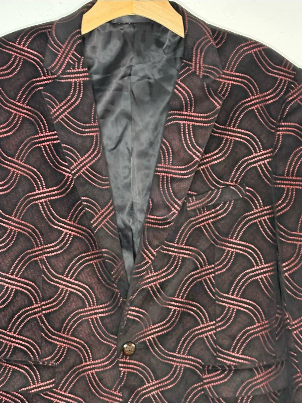 Kowaun Keenly Men's Black Red Wave Print Blazer Jacket Size L (Tag 2XL) Fits 42R